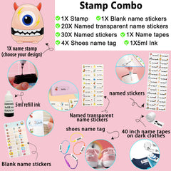 Ogelz Customized Name Stamp For Clothes-Cute Pink Monster Plus Personalised For Adult Kids Daycare Stickers Tag Label Preschool Nursing Home Washable Dryer Safe