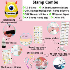 Ogelz Customized Name Stamp For Clothes-Cute Yellow Monster Plus Personalised For Adult Kids Daycare Stickers Tag Label Preschool Nursing Home Washable Dryer Safe