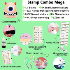 Ogelz Customized Name Stamp For Clothes-Cute Pink Monster Plus Personalised For Adult Kids Daycare Stickers Tag Label Preschool Nursing Home Washable Dryer Safe