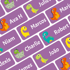 Ogelz Personalized Name Labels for Kids Custom Stcikers Washable for Clothes and Gear Non Iron Waterproof for Kids Stuff Daycare Toddlers School Supplies Water Bottle Camp 0.5"X1.2" Purple (Dinosaur)