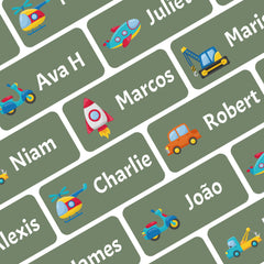 Ogelz Personalized Name Labels for Kids Custom Stcikers Washable for Clothes and Gear Non Iron Waterproof for Kids Stuff Daycare Toddlers School Supplies Water Bottle Camp 0.5"X1.2" Green (Transport)